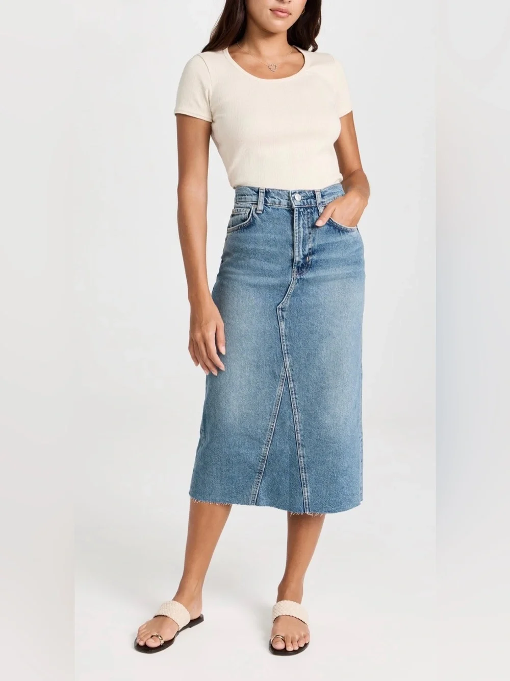 RAILS Highland Denim Midi Skirt Raw Hem Blue Wash Quiet Luxury Minimalist  Sz 24
